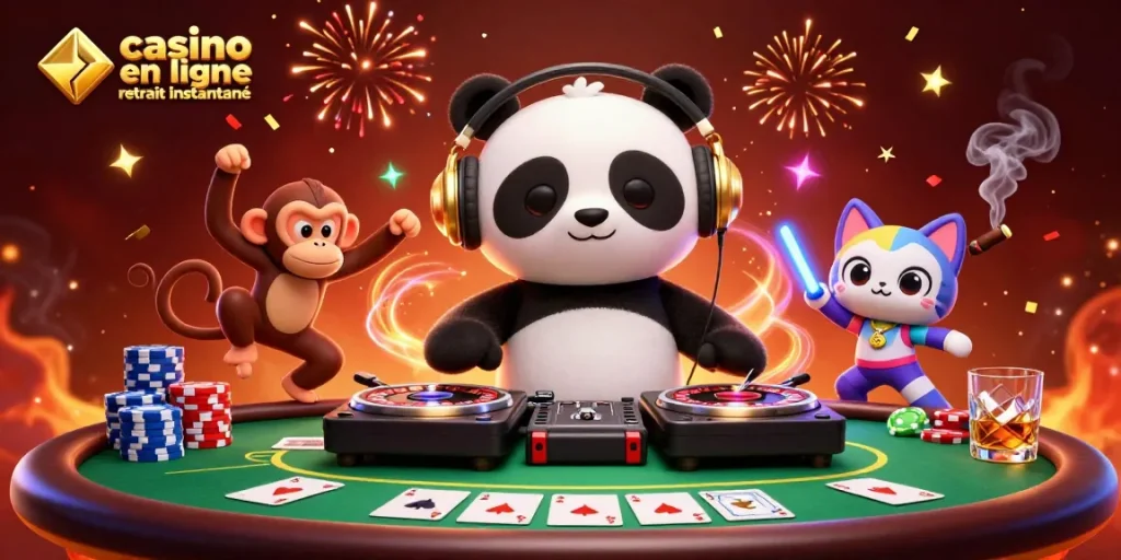 Découvrez l'excitation du retrait instantané des casinos en ligne dans une ambiance festive 3D vibrante.