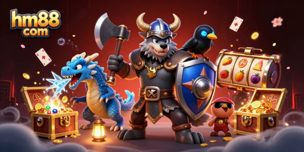 Win big at hm88 com with this captivating illustration of a Viking warrior and dragon amidst treasure.