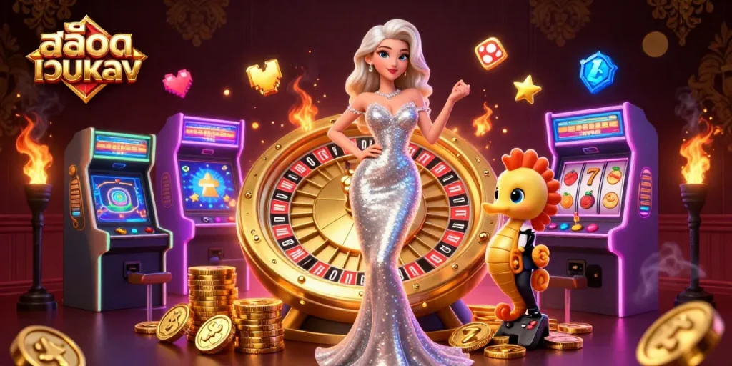 Engage with สล็อตเว็บตรง featuring a glamorous scene with a woman and roulette elements
