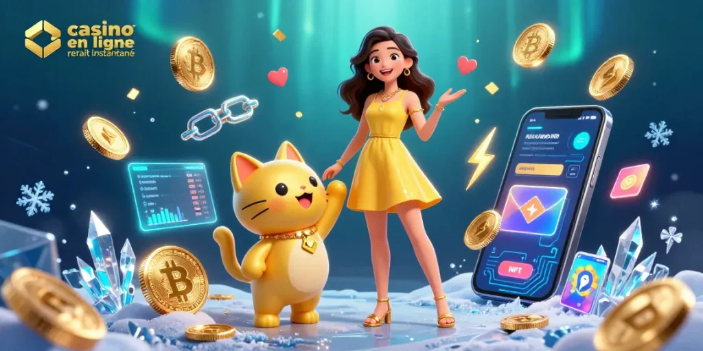 Illustration engageante de casino en ligne retrait instantané montrant des interactions joyeuses et des éléments de crypto.