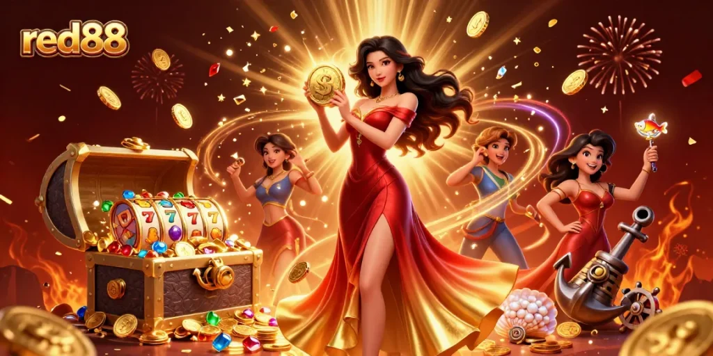 Experience the excitement of red88 with a stunning casino scene featuring a gorgeous woman and vibrant game elements.