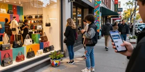 Engaging urban scene outside a 레플리카 쇼핑몰 showcasing trendy replica handbags and accessories amidst vibrant street life.