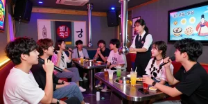 Exciting 제주유흥 experience with friends singing karaoke in lively room with colorful lighting and drinks on table.