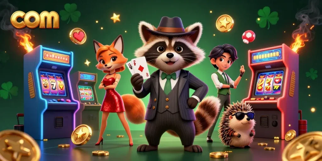 Join the raccoon and fox at com's thrilling casino with vibrant slot machines and chic glamour.