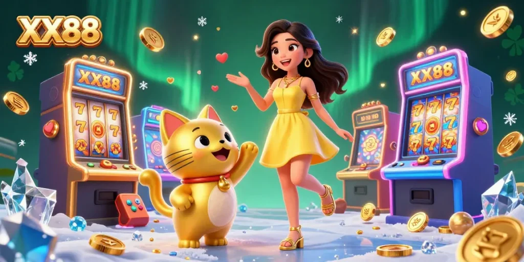 Join the excitement at XX88 with vibrant slot machines and a lucky cat mascot.