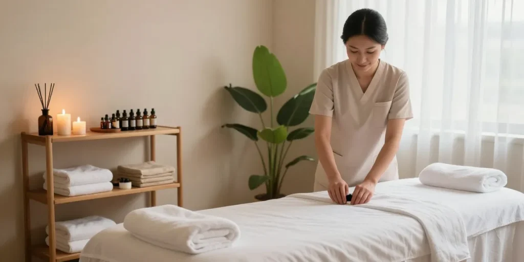 Swedish massage therapy setup with calming oils and soothing ambiance in a wellness center.