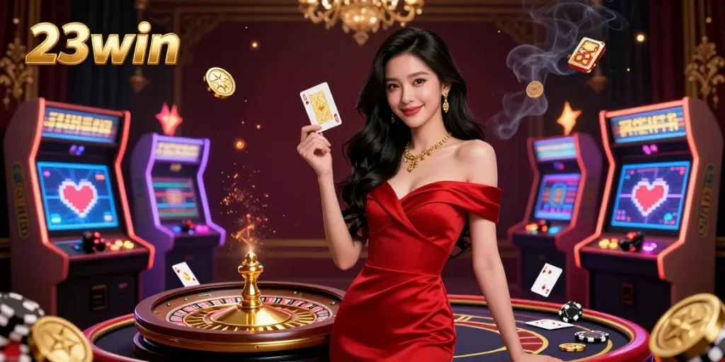 Engage in 23win's thrilling casino experience with a beautiful Asian dealer showcasing a golden playing card.