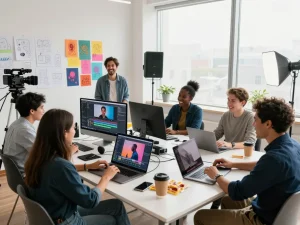 Collaborative video production team using seedance 2.0 in a bright, modern studio