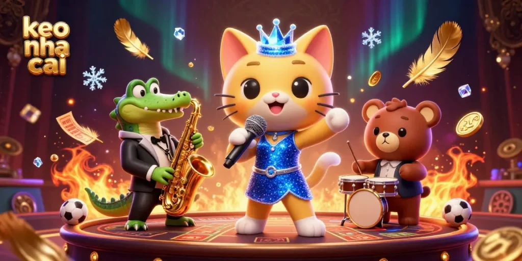 Engage with keo nha cai inspired sports betting scene featuring a jazz-singer cat, croc saxophonist, and bear drummer.