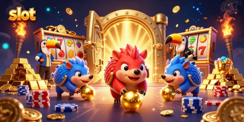 Slot enthusiasts enjoying a vibrant gaming scene with animated pangolins and colorful symbols.