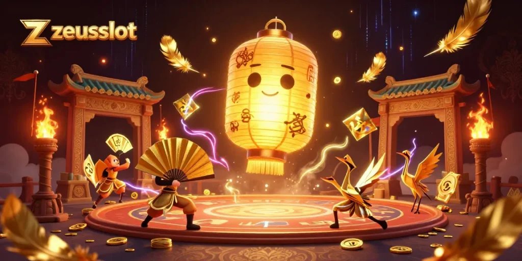 Experience the zeusslot magic with an enchanting scene of a golden lantern spirit amid casino excitement, showcasing vibrant elements.