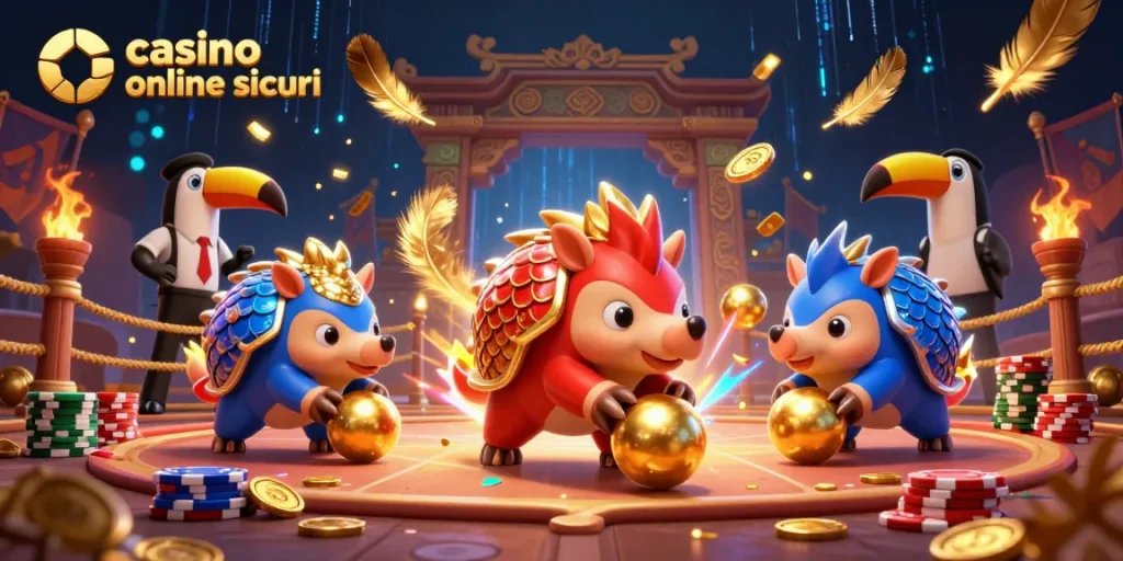 Rappresentazione di pangolini in armature colorate che giocano a casinò online sicuri tra pile di gettoni e monete d'oro