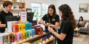 Buy Black Diamond Liquid K2 Spray online, showcasing a customer engaging with incense products in a vibrant retail setting.