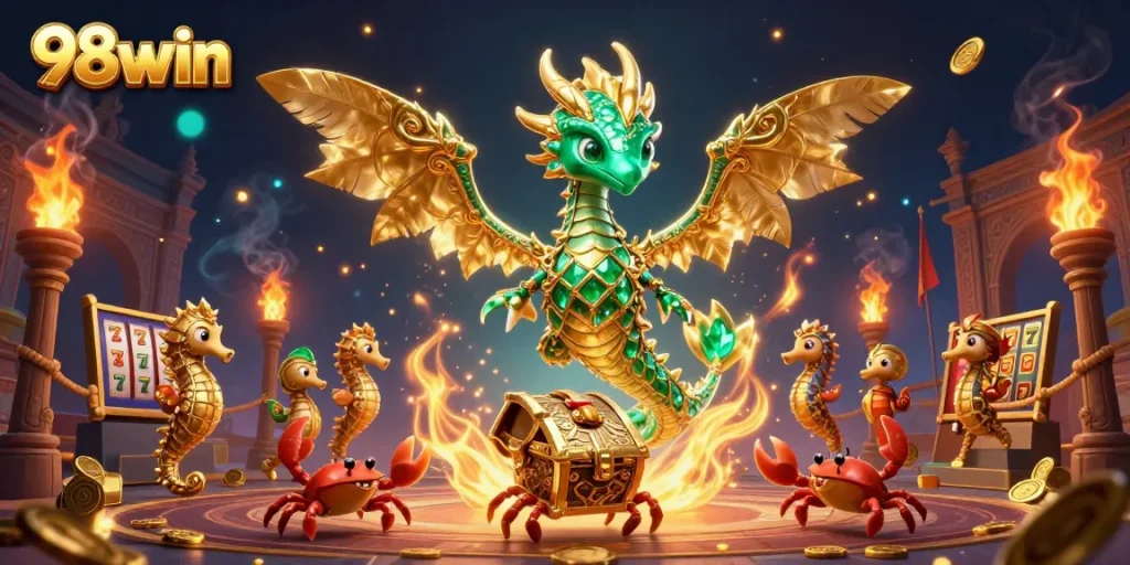 Engage with 98win’s spectacular casino adventure featuring a vibrant sea dragon and treasure elements.