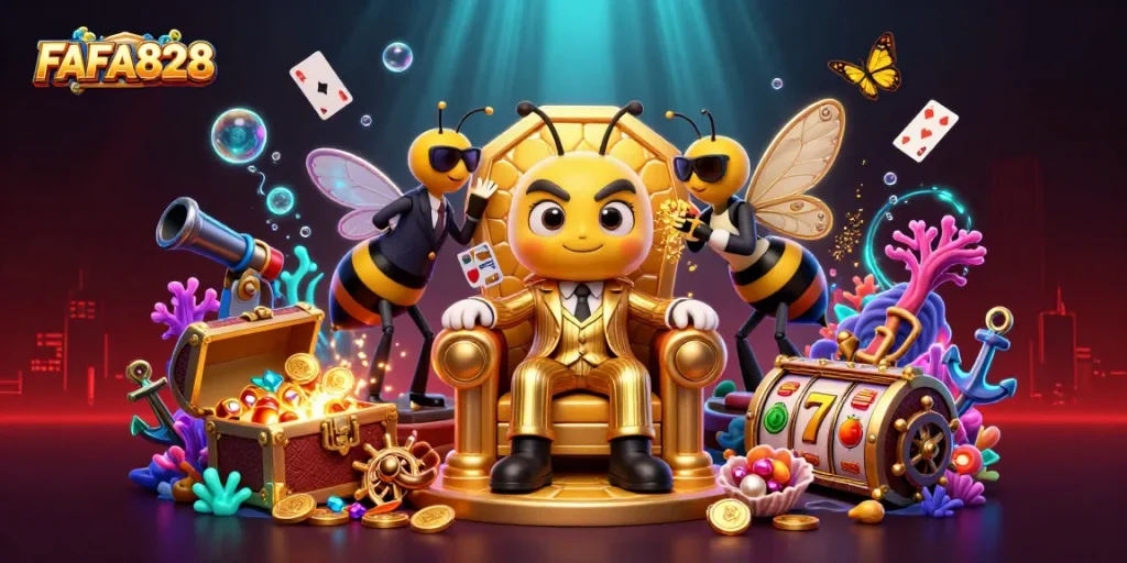 Engage with the vibrant FAFA828 casino scene featuring animated characters and dynamic gambling elements.