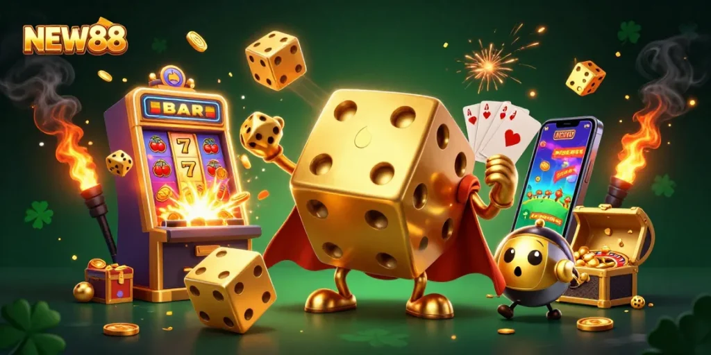Engage with NEW88 casino's electrifying gameplay illustrated with vibrant, dynamic elements.