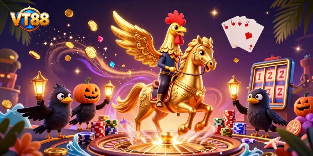 Engaging VT88 online casino scene featuring a golden rooster and captivating gambling elements.