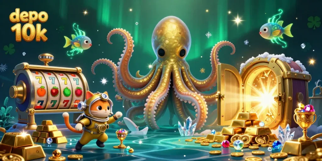 Experience gaming with depo 10k by enjoying colorful slot reels surrounded by treasures and whimsical characters.