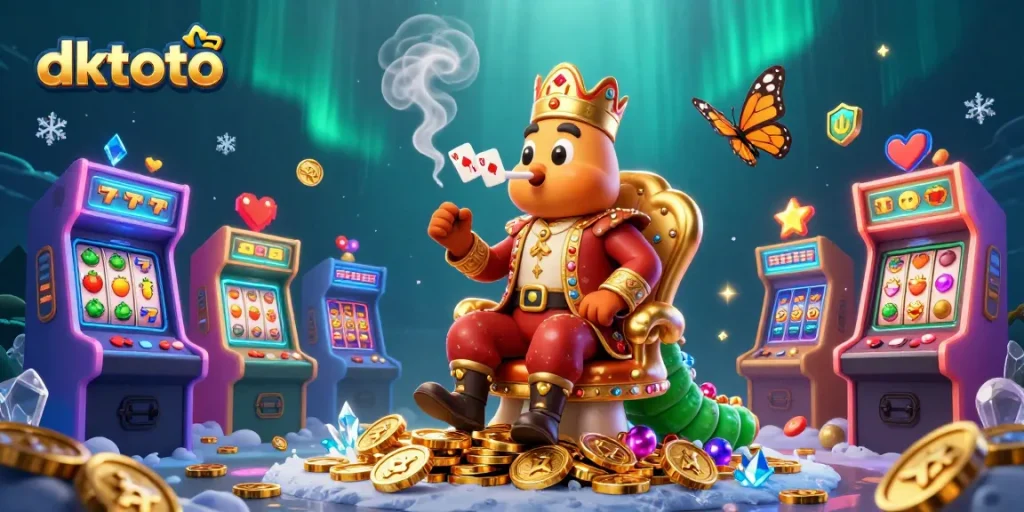 Engage with dktoto through dynamic poker hand symbols and vibrant casino elements in a captivating 3D scene.