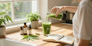 Where to buy hash CBD products displayed in a bright kitchen with fresh hemp and wellness essentials, emphasizing quality and natural wellness.