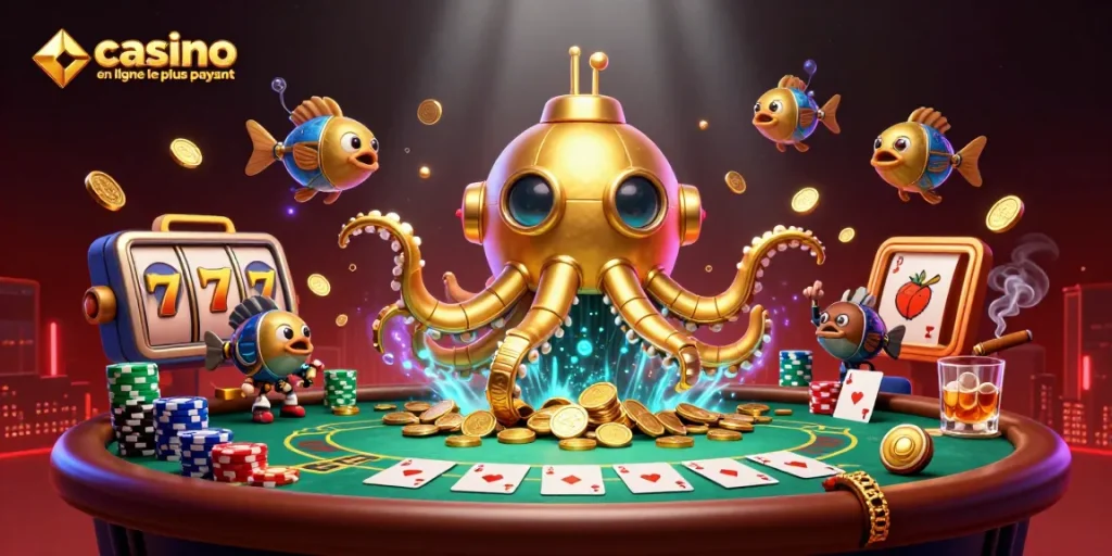 Un kraken doré émerge des pièces d'or, représentant le casino en ligne le plus payant, avec des éléments de jeu en arrière-plan.