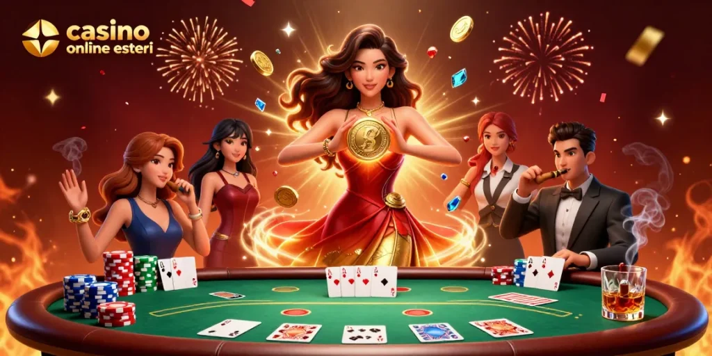 Esplora momenti emozionanti al casino online esteri con un'illustrazione accattivante di una scena di un casino mozzafiato.