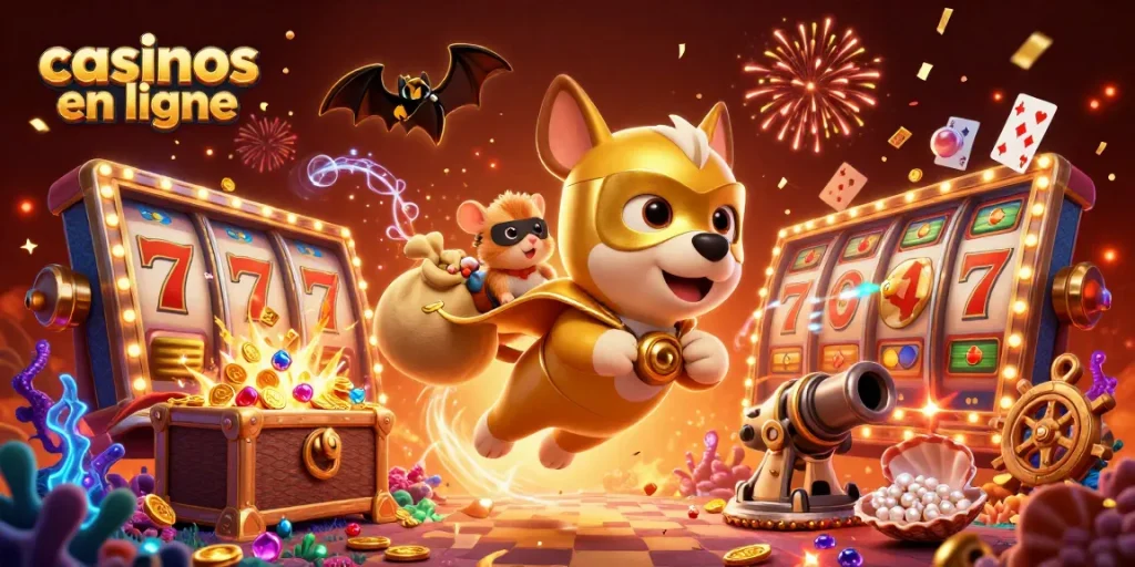 Jouez aux casinos en ligne avec le chien super-héros et son hamster, entouré de jetons et de rouleaux.