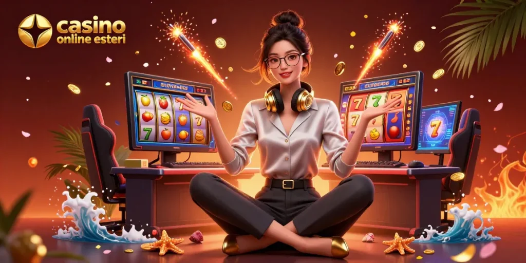 Scopri l'emozione dei casino online esteri con una scena di gioco dinamica che presenta slot, jackpot e visuali vivaci.