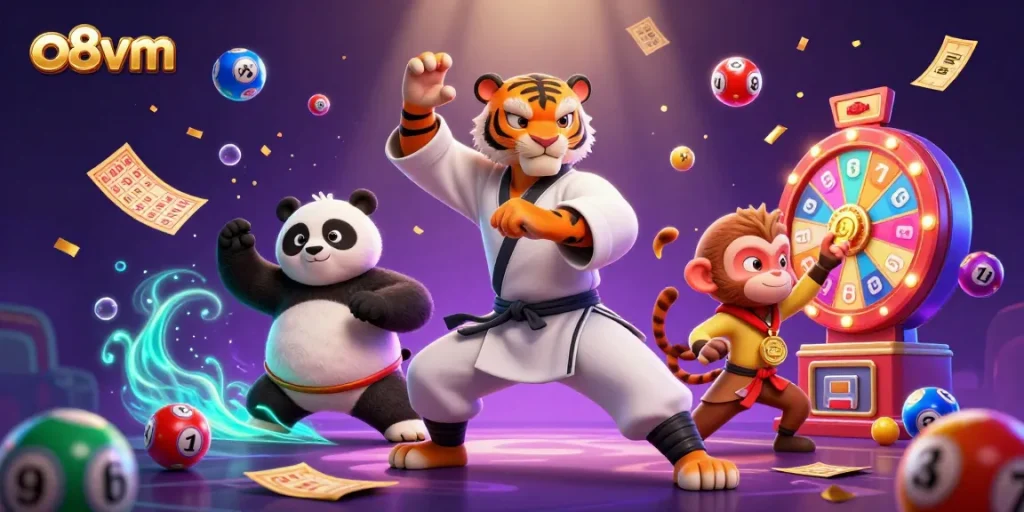 Experience thrilling gameplay at o8vm with a lively scene of a kung fu tiger and vibrant gaming elements.
