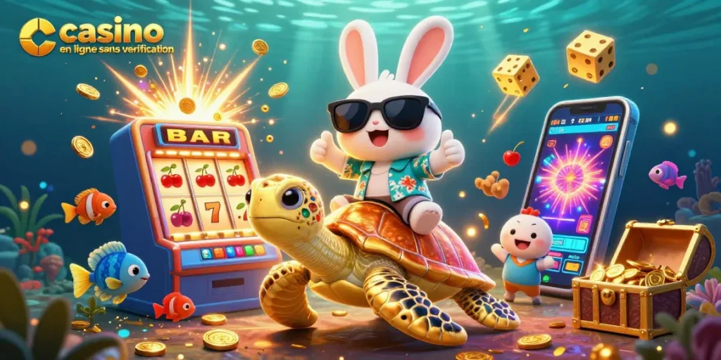 Jouez dans un casino en ligne sans vérification avec le lapin chanceux et une tortue dorée.