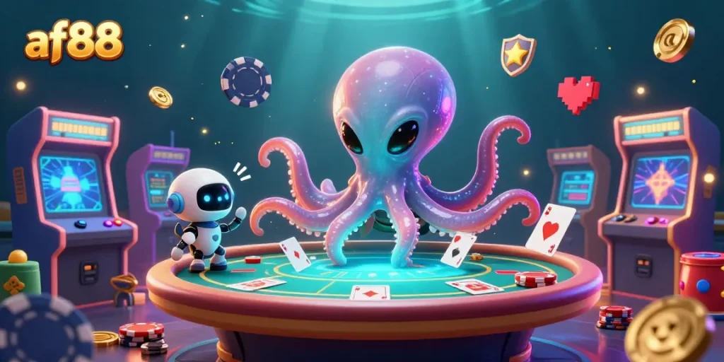 Play exciting games at af88 with a vibrant alien octopus dealer at a holographic poker table.