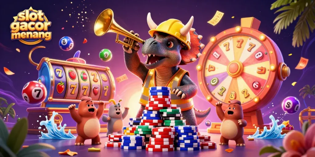 Experience the thrill of slot gacor gampang menang with vibrant characters celebrating casino wins in a dynamic scene.