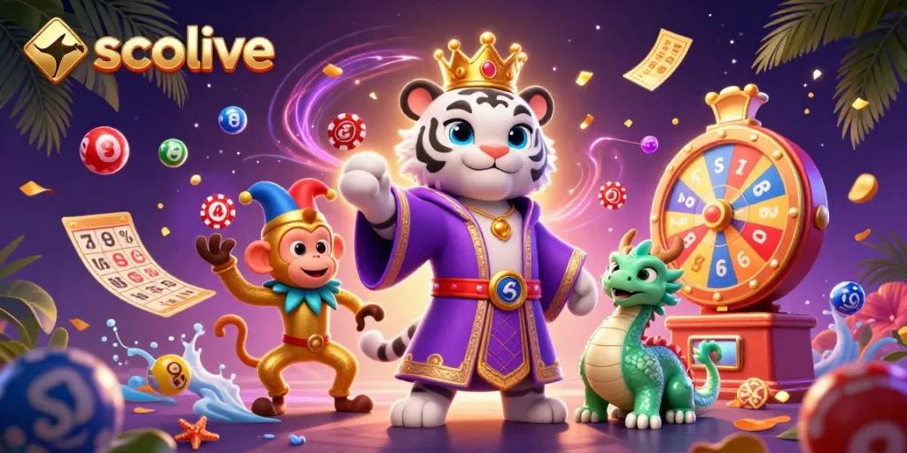 Socolive offers an exciting 3D illustration featuring a charismatic white tiger and its companions engaging in dynamic gambling action.