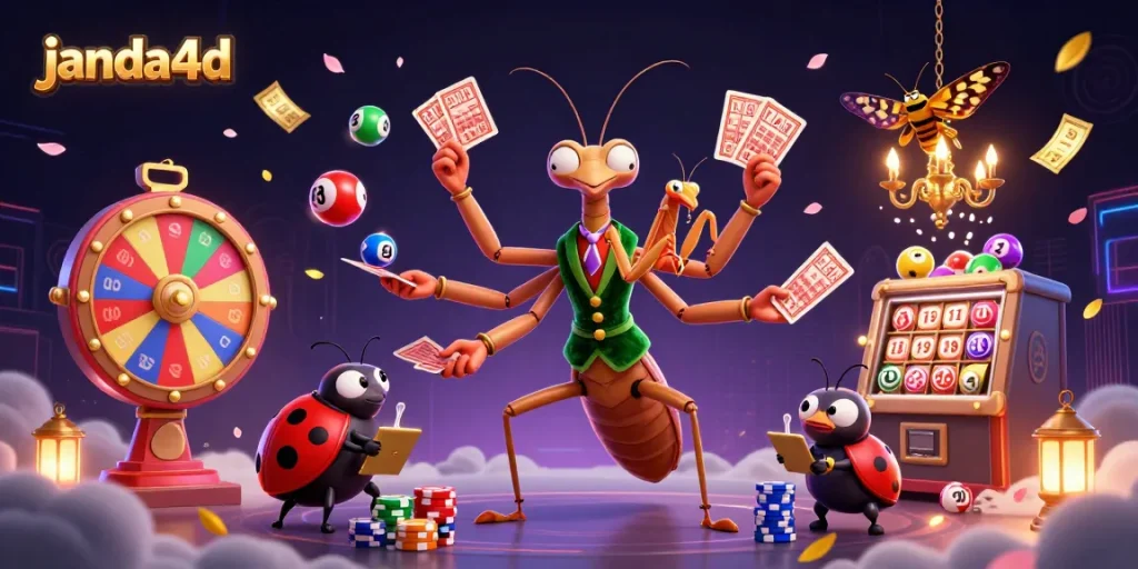 Gambarlah suasana berjudi seru di janda4d dengan bola lotere berwarna-warni dan karakter menarik.