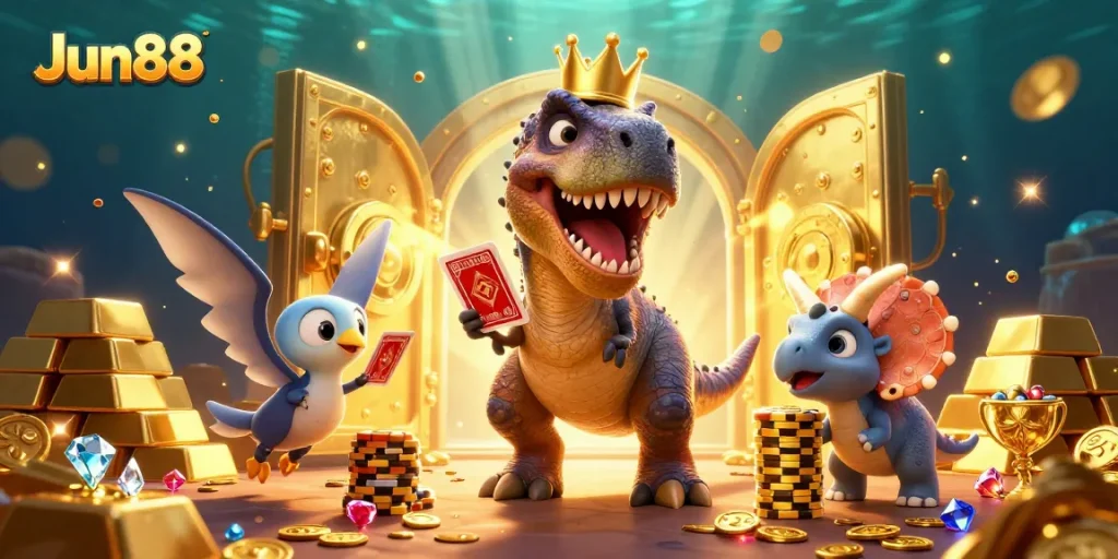 Experience thrilling gaming with Jun88 amidst treasures in a vibrant casino setup.