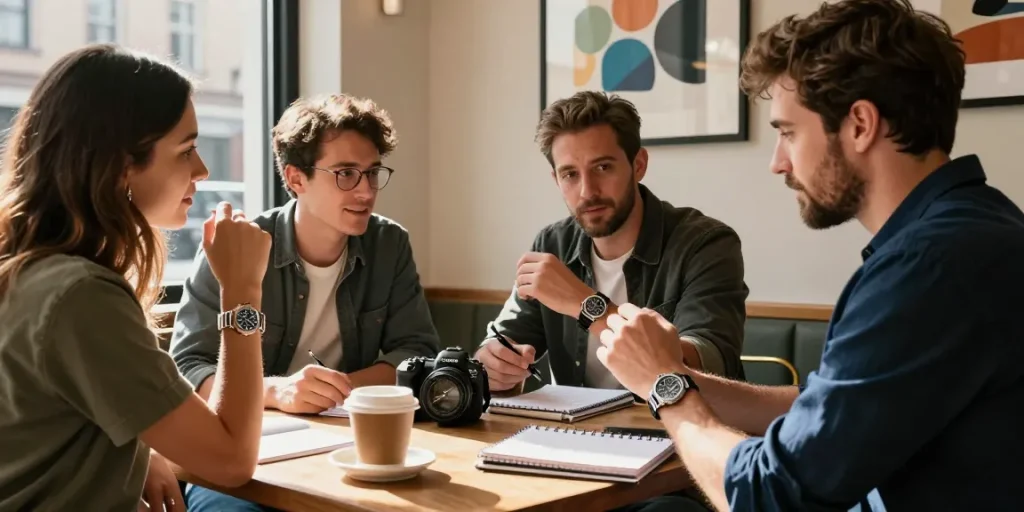Enthusiasts discussing a luxury replica watch in a stylish urban café, with warm sunlight enhancing the cozy atmosphere.