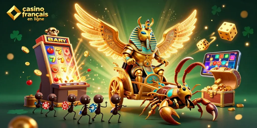 Jouez aux machines à sous sur le casino français en ligne, avec des personnages de jeux et des jackpots scintillants.