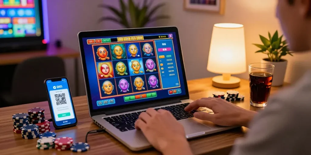 Dynamic slot deposit 1000 gaming setup at home with digital interface and vibrant graphics.