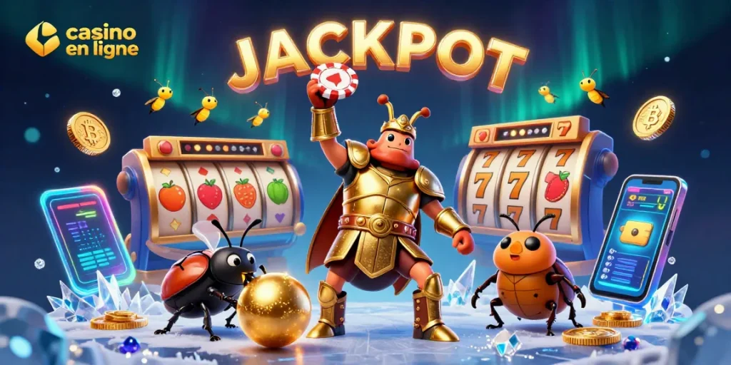 Découvrez le casino en ligne à travers cette scène dynamique et colorée avec des personnages et des éléments de jeu.
