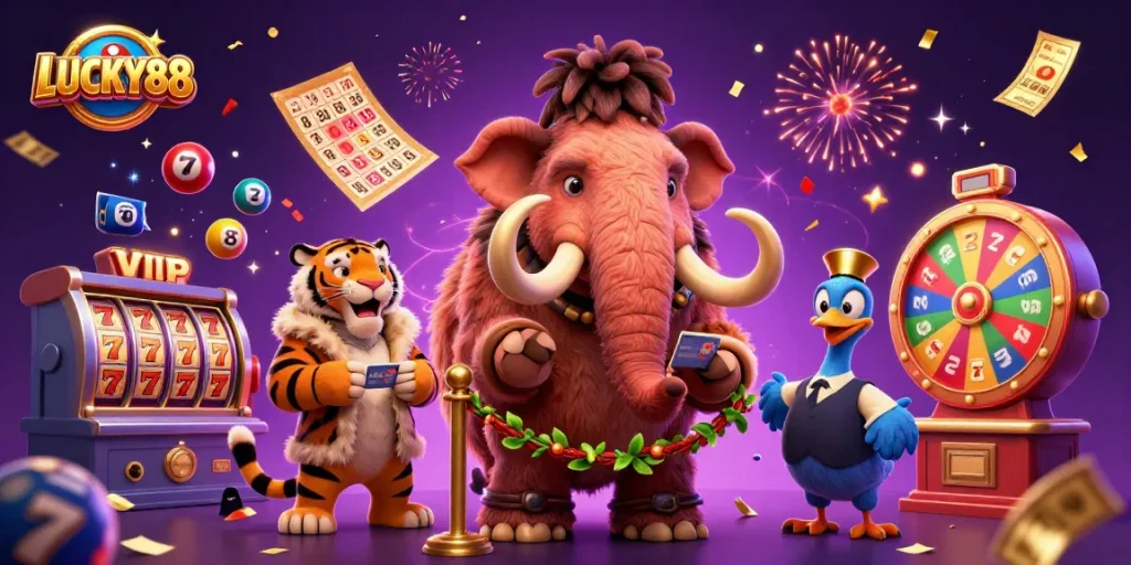 LUCKY88 game excitement featuring a mammoth bouncer and vibrant casino elements.