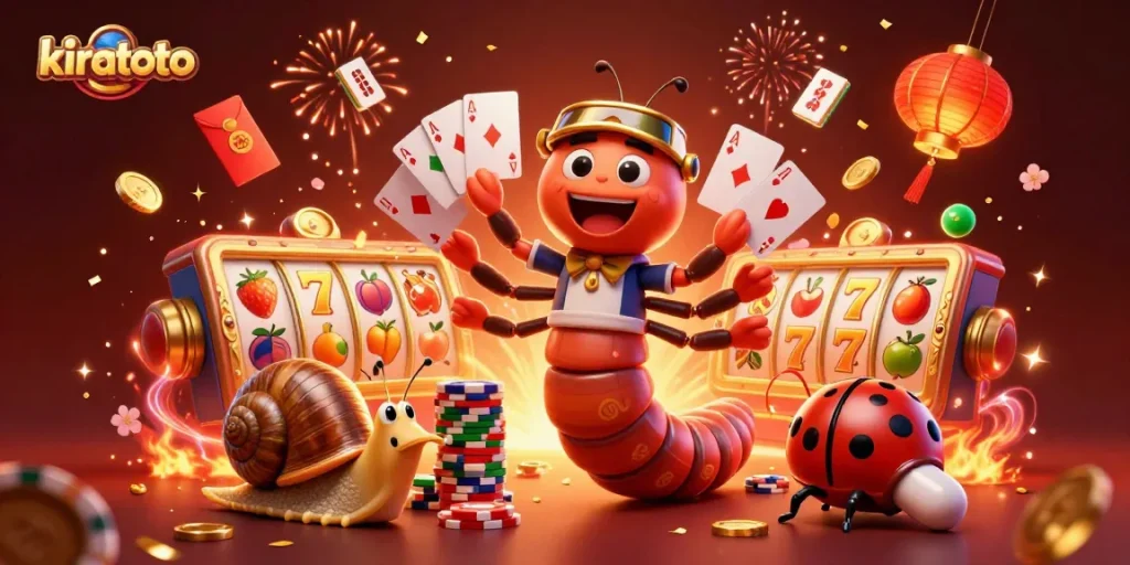 Kiratoto online gaming scene with animated characters celebrating wins at the casino.