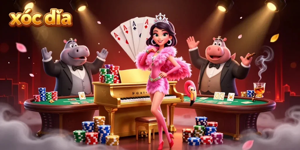 Experience thrilling xóc đĩa in a vibrant casino setting with dynamic characters and engaging game elements.