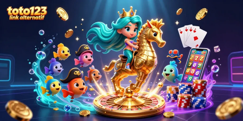 TOTO123 link alternatif showcases dynamic casino adventure with mermaid princess, golden seahorse, and vibrant treasures.
