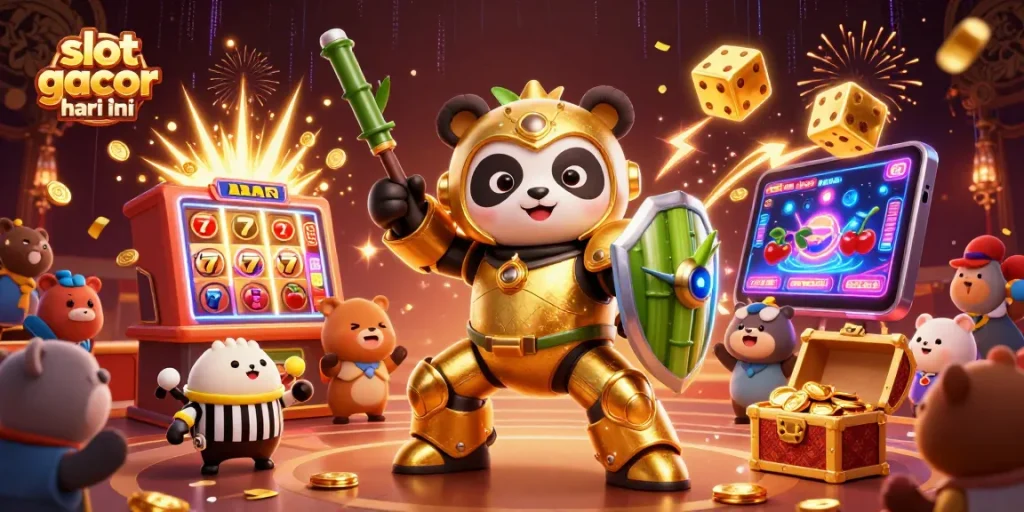 Experience excitement with "slot gacor hari ini" in a dynamic 3D casino scene featuring vibrant gameplay elements.