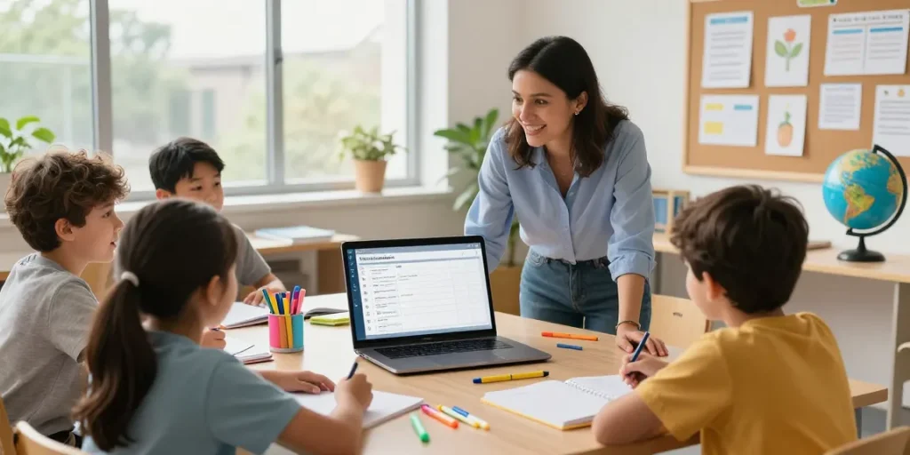Teacher using EMStudio online teacher planner for lesson plans in a vibrant classroom, showcasing classroom management.