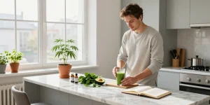 Living Soil für Cannabis: Hochwertige CBD-Produkte in einem einladenden, natürlichen Küchenszenario mit organischen Zutaten.
