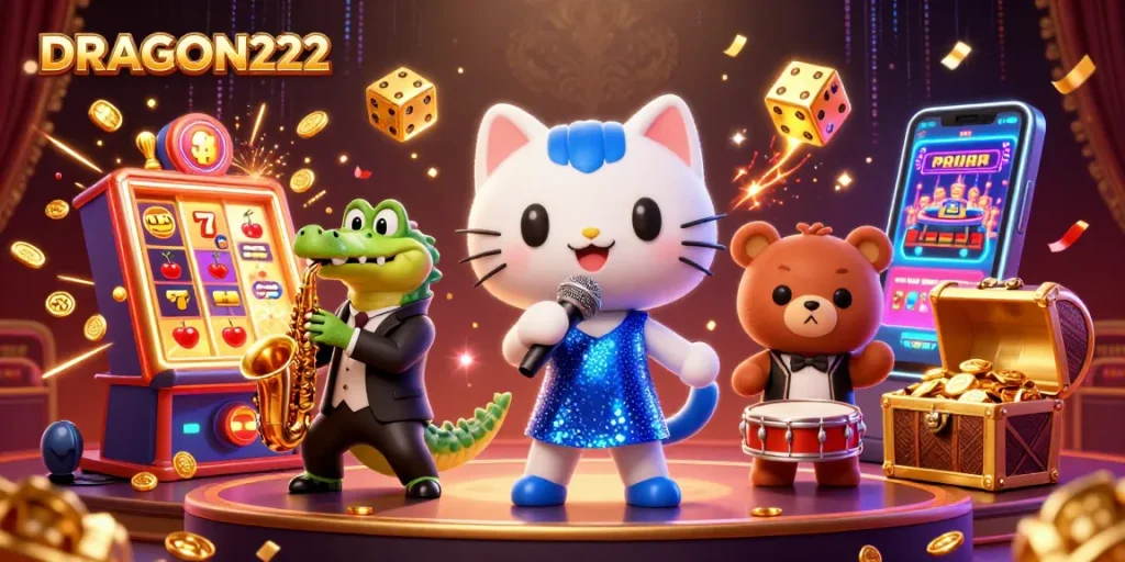 Experience the excitement of DRAGON222 with vibrant 3D characters and slot game action.
