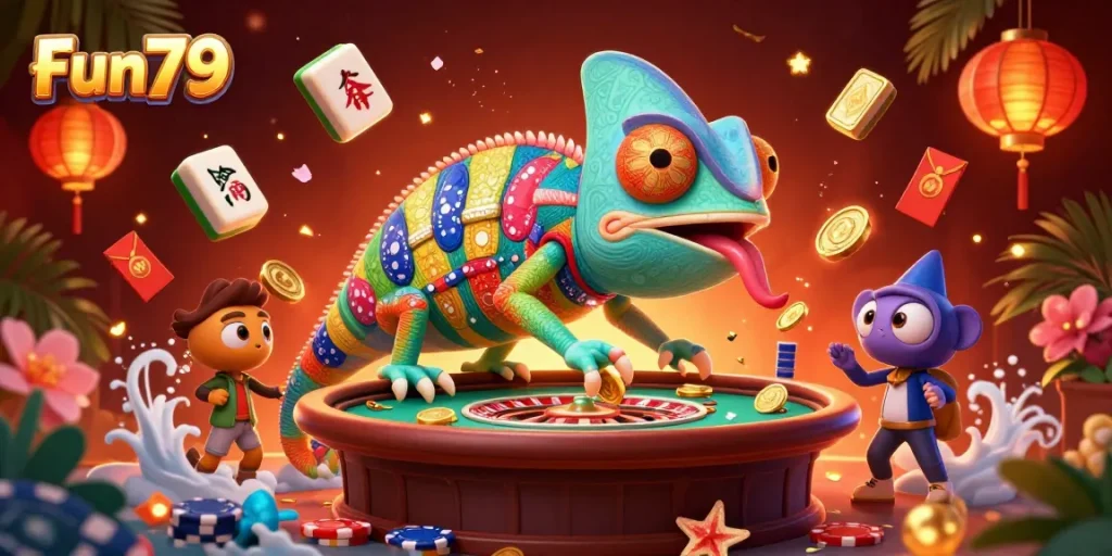 Engage in thrilling games at Fun79 with a vibrant 3D casino scene featuring dynamic gambling elements.