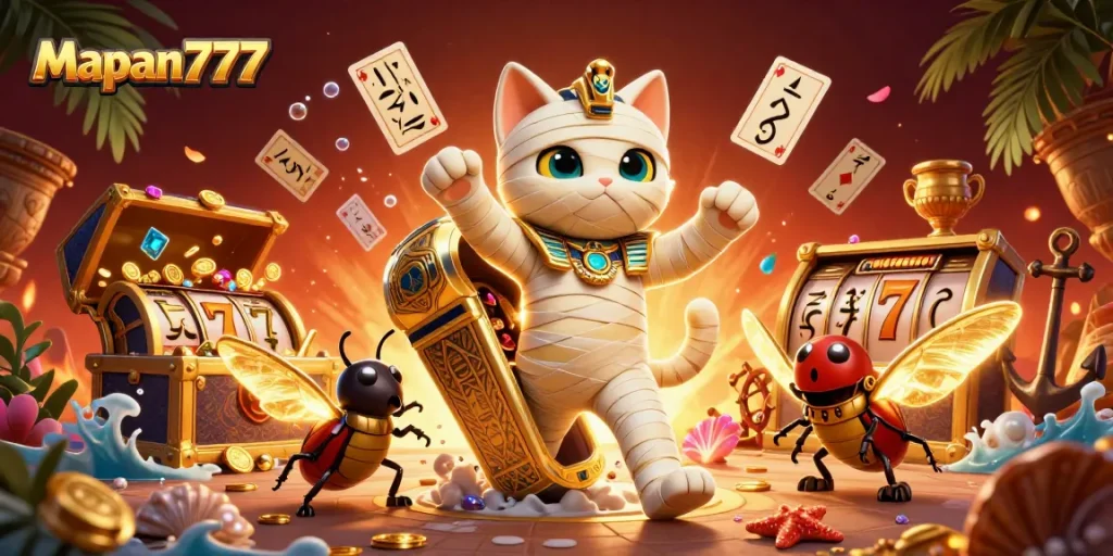 Engage in Mapan777 with vibrant slots, Egyptian-themed characters, and lively casino elements.
