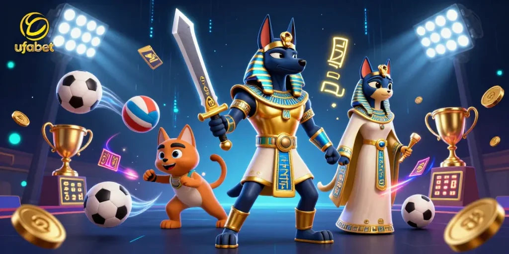 Experience thrilling ufabet action with Anubis and sacred Bastet in a vibrant sports betting scene.